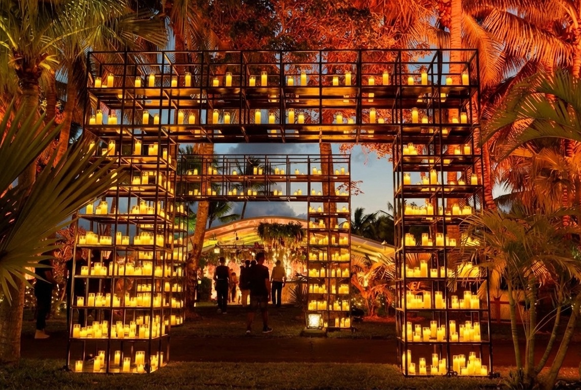 Illuminated outdoor structure with numerous glowing candles, set against a twilight sky. Palm trees surround the scene, creating a warm, enchanting atmosphere.