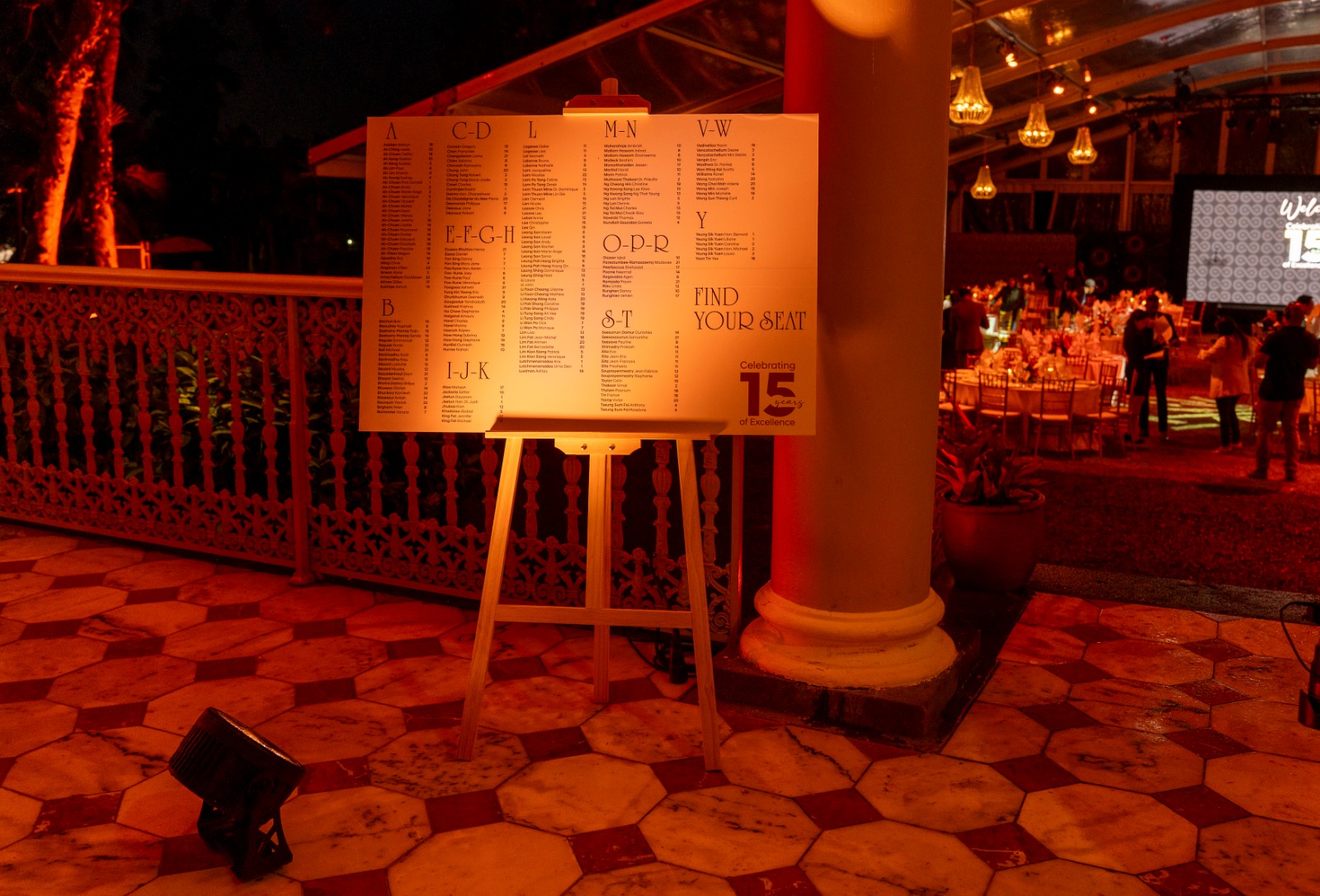 Elegant evening event with a warmly lit seating chart on an easel. The chart, set against festive lighting, guides guests to their seats, marking a 15th celebration.