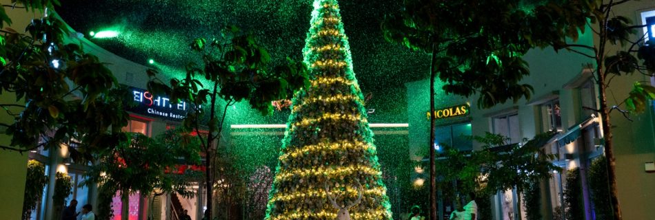 A festive scene featuring a towering Christmas tree adorned with lights and a glowing star. It's night, and artificial snow falls, creating a magical atmosphere.