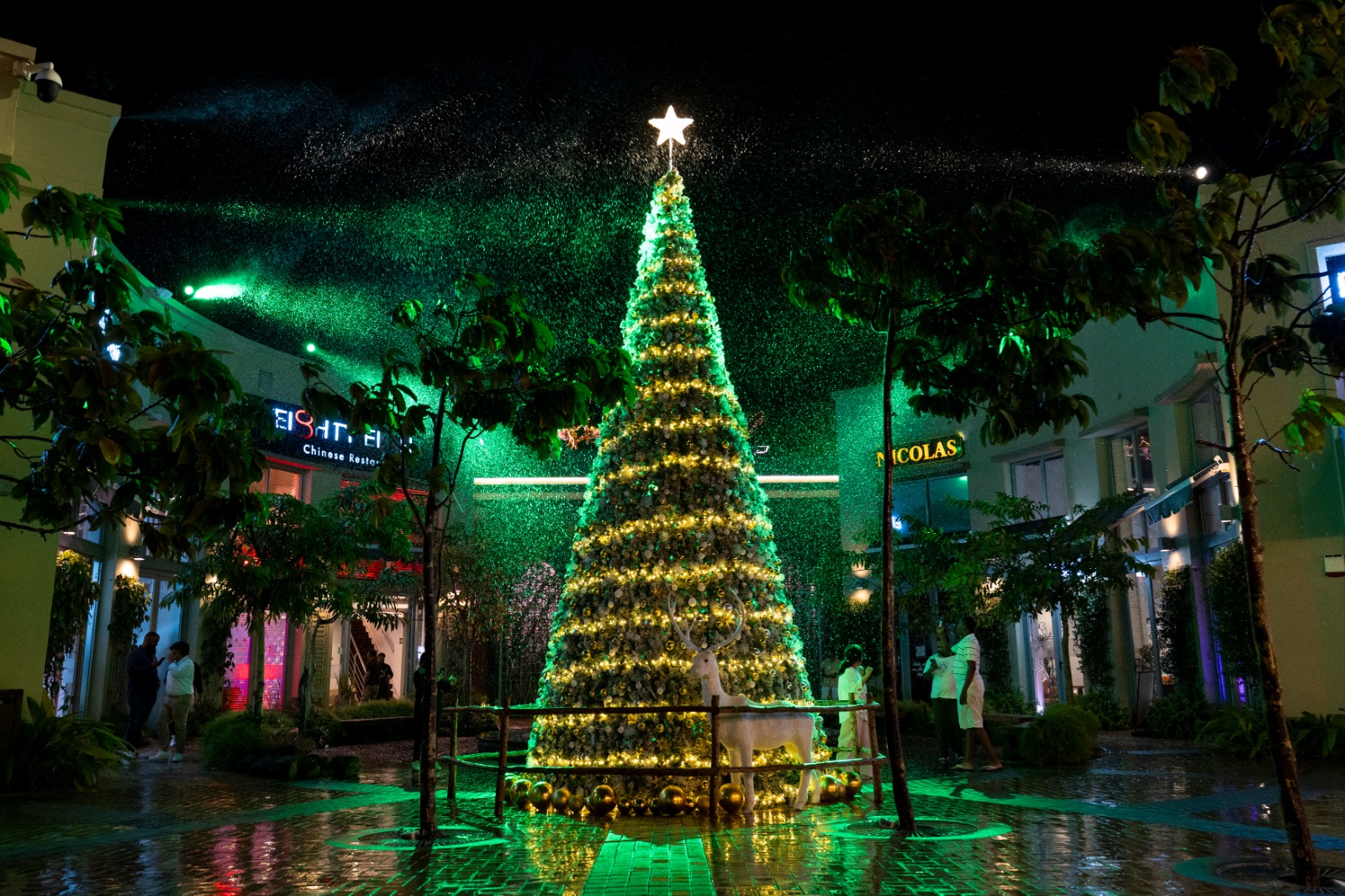 A festive scene featuring a towering Christmas tree adorned with lights and a glowing star. It's night, and artificial snow falls, creating a magical atmosphere.