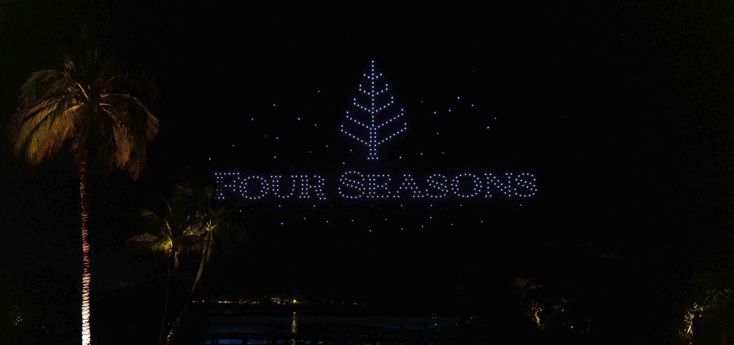 Night scene with "Four Seasons" written in bright lights above a palm tree by a reflective water surface. The atmosphere is serene and elegant.