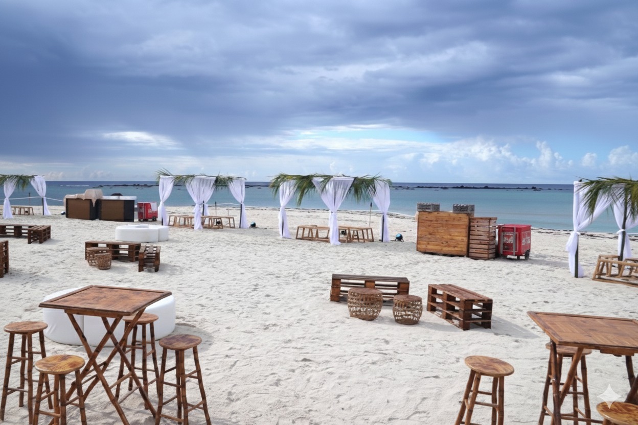 Sandy beach with wooden furniture, white canopy tents, and palm fronds. Clear blue skies and ocean create a relaxed and tropical ambiance.