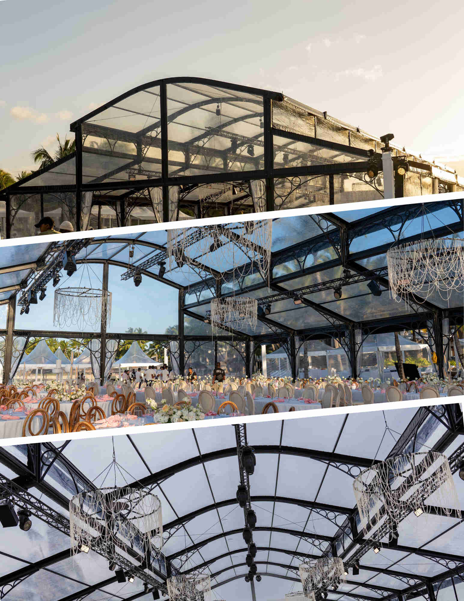 Transparent event tent with elegant chandeliers and round tables set for a formal occasion. The sunlit roof creates a sophisticated and airy atmosphere.