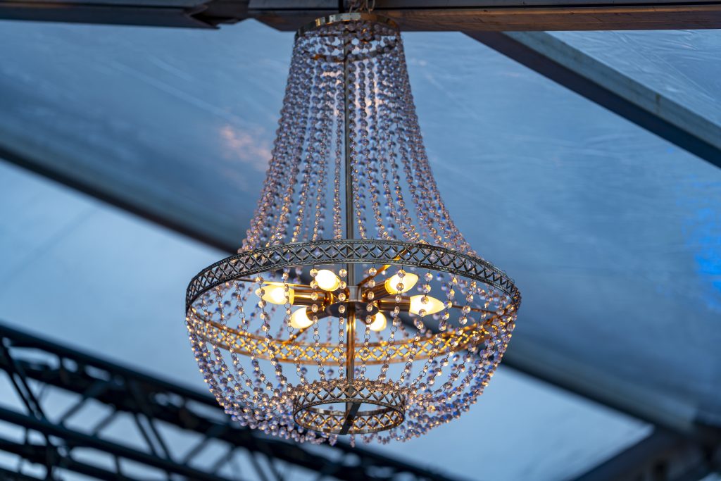 Gala Night Mauritius with clear marquee, chandeliers, Gatsby bar, tipi cocktail zone and elegant event styling