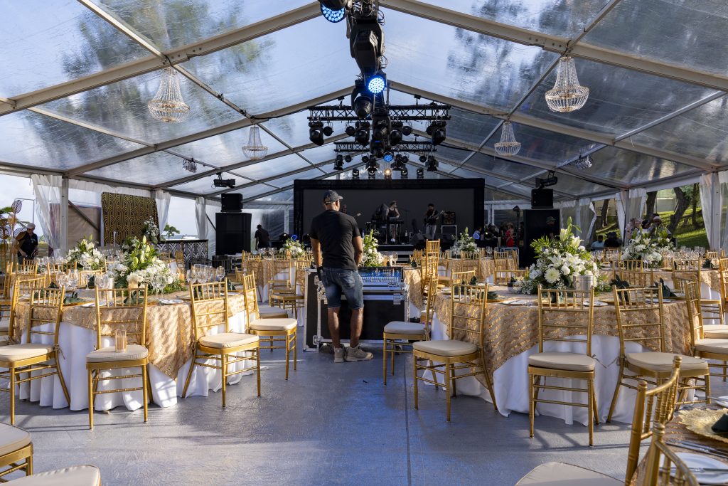 Gala Night Mauritius with clear marquee, chandeliers, Gatsby bar, tipi cocktail zone and elegant event styling