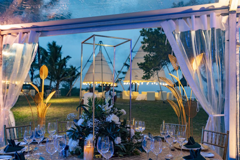 Gala Night Mauritius with clear marquee, chandeliers, Gatsby bar, tipi cocktail zone and elegant event styling