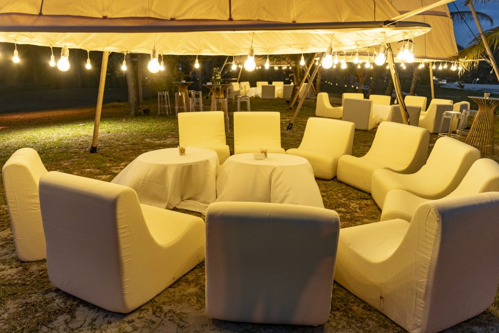 Gala Night Mauritius with clear marquee, chandeliers, Gatsby bar, tipi cocktail zone and elegant event styling
