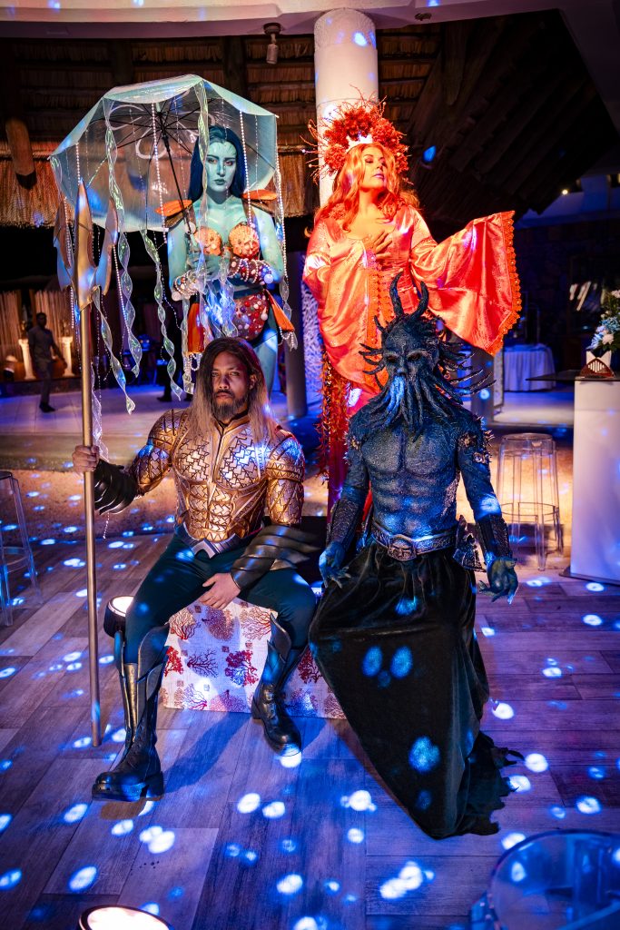 Custom sea-themed living statues with immersive costumes and theatrical entertainment at a luxury corporate event in Mauritius