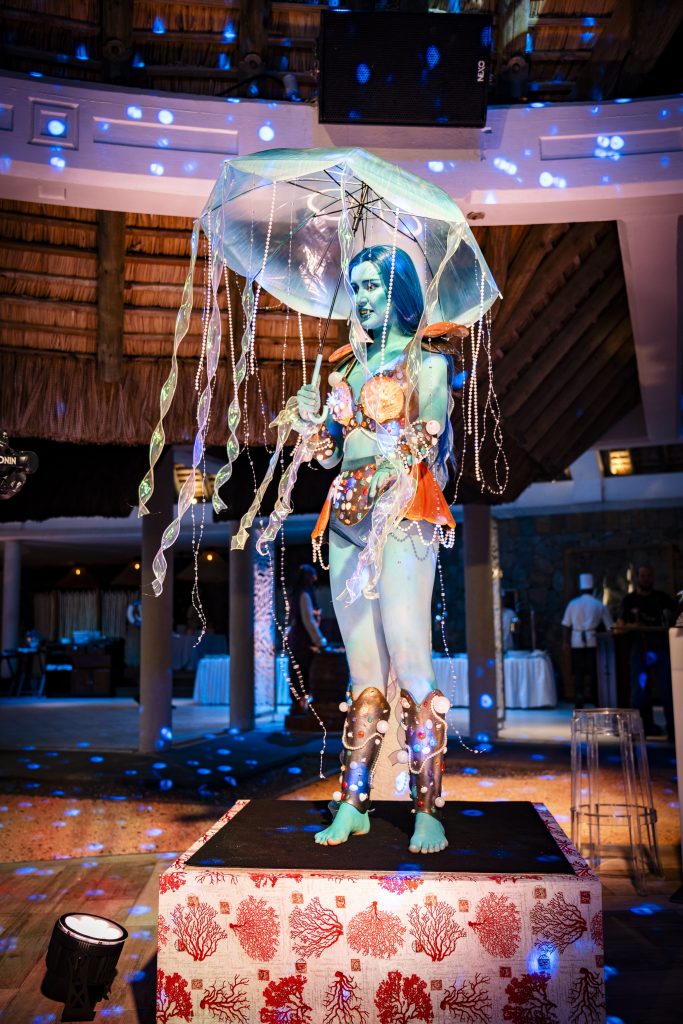 Custom sea-themed living statues with immersive costumes and theatrical entertainment at a luxury corporate event in Mauritius