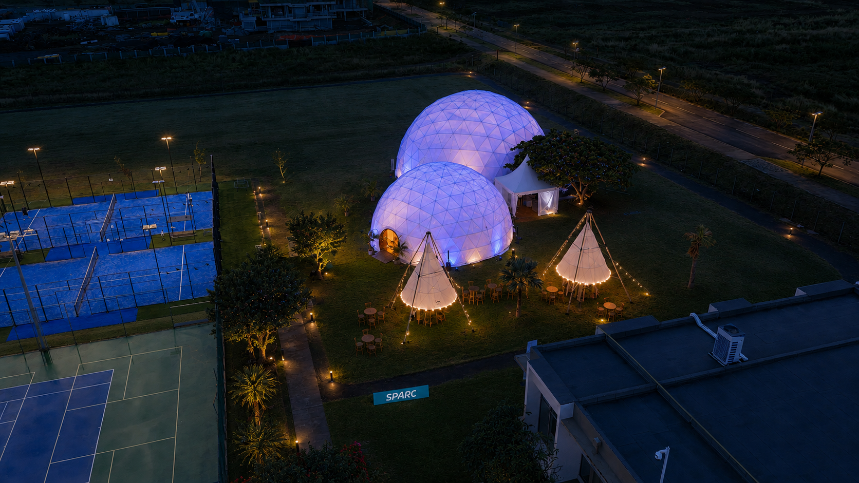 Aerial view of event dome hire Mauritius at SPARC Cascavelle