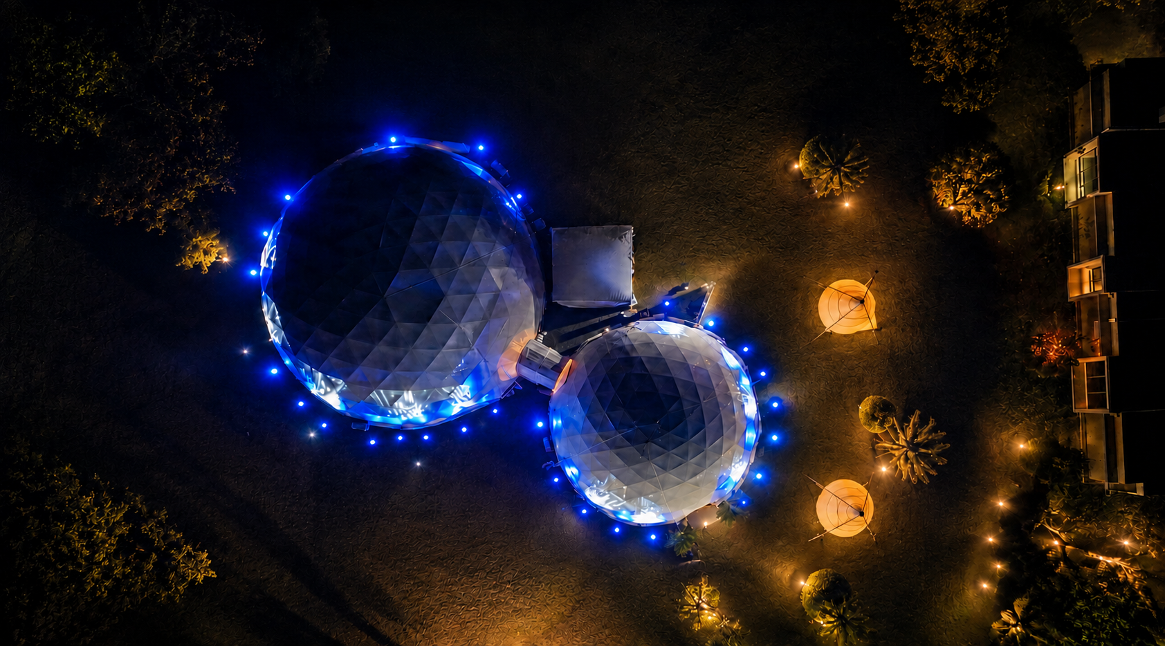 Event dome hire Mauritius illuminated at night at SPARC Cascavelle