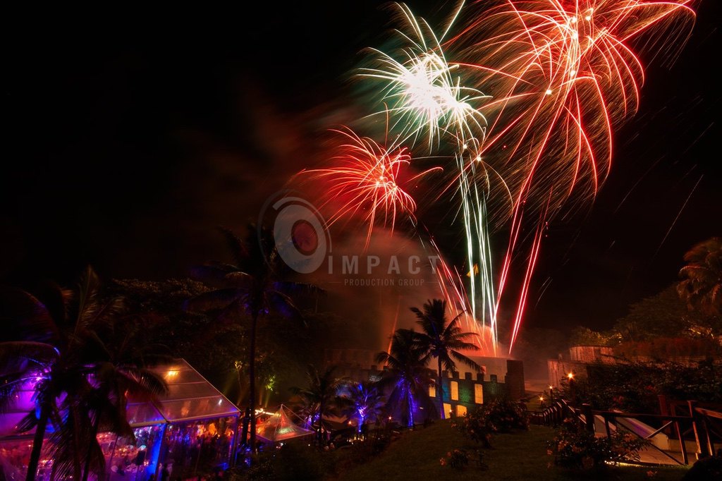 Fireworks over water at a premium event in Mauritius