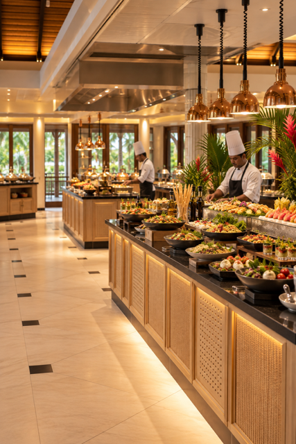 Generous Maritim Resort & Spa Mauritius buffet with colourful fresh dishes and live service