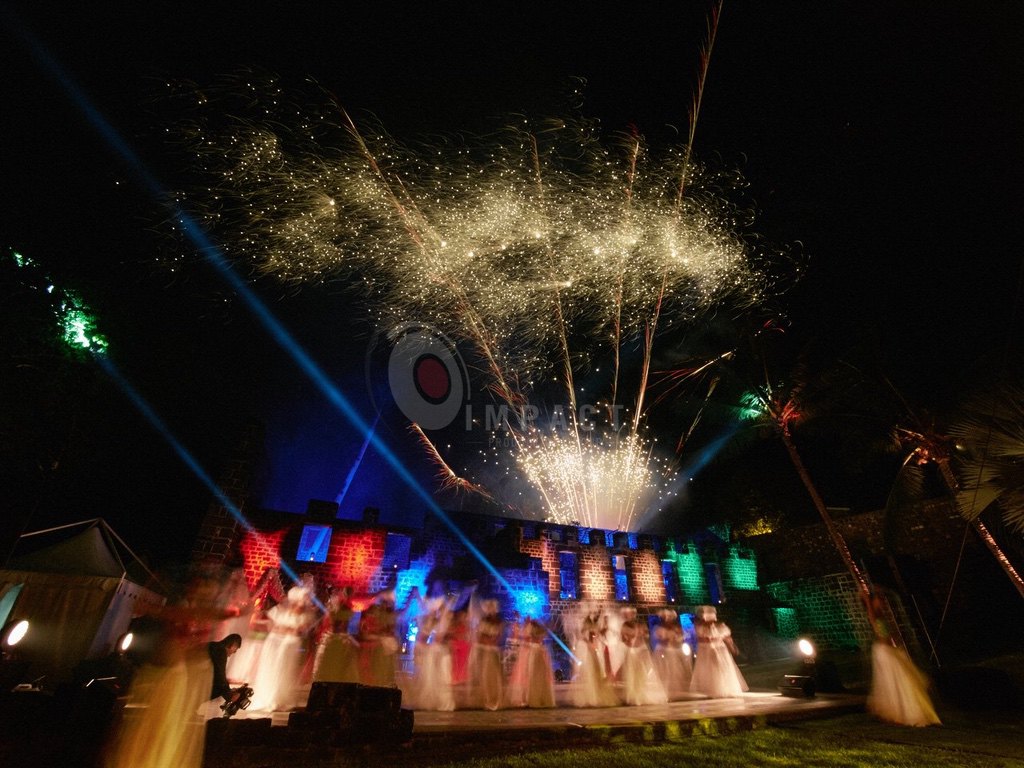 Fireworks choreographed with event lighting and music